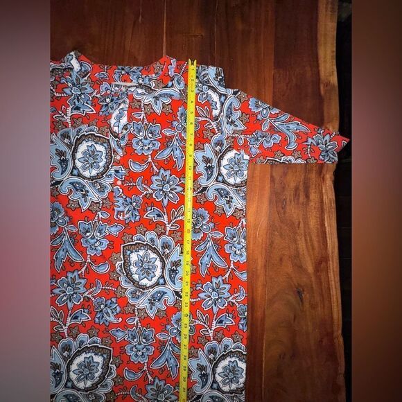 Loft-Anne Taylor Red Blue Brown Floral Long Sleeve Smock Tunic-Henley style sz L - Picture 11 of 16